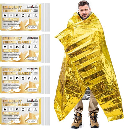 SecuCaptain Survival Emergency Thermal Blankets: Extra Large 84??x63??Space Mylar Blanket Kit for Outdoor Cold Winter Camping Hiking Car Bug Out Bag or First Aid - 4 Pack Gold
