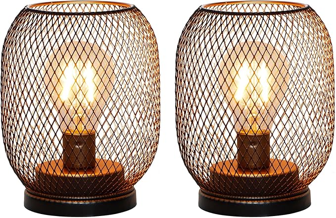 TRIROCKS Set of 2 Battery Operated Lamp LED Table Lantern, Metal Cage Cordless Lamps with LED Bulb, Oval Vintage Decorative Outdoor Lantern for Weddings, Parties, Patio, Events for Indoors Shelf