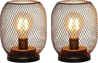 TRIROCKS Set of 2 Battery Operated Lamp LED Table Lantern, Metal Cage Cordless Lamps with LED Bulb, Oval Vintage Decorative Outdoor Lantern for Weddings, Parties, Patio, Events for Indoors Shelf