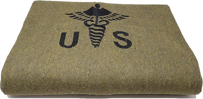 M MCGUIRE GEAR Military Style Wool Camping, Survival, and First Aid Blanket, 64" x 90", Embroidered Caduceus Logo, Olive Drab
