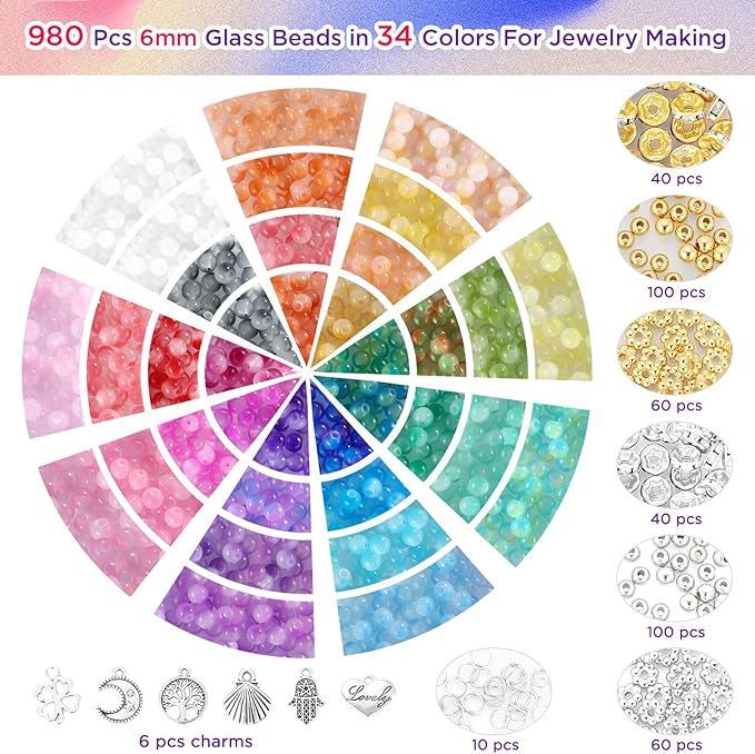 Funtopia 6mm Glass Beads Bracelet Making Kit, 1396pcs Gradient Glass Beads for Bracelets, 34 Colors Round Crystal Beads for Bracelets DIY Crafts with Spacer Beads and Charms