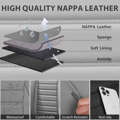 CAR PASS Nappa Leather Car Seat Covers Full Set, Luxury Seat Protector for Cars, Waterproof Anti-Slip Car Seat Cushion Armrest Compatible Airbag Universal for Sedan SUV Pick-up Truck Automotive, Gray