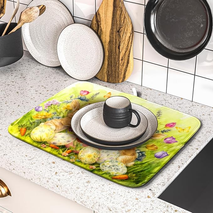 Easter Dish Drying Mat for Kitchen Counter Spring Bunny Microfiber Countertop