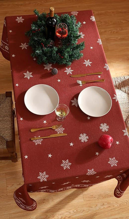 ISAENNE Designer Christmas Red Extra Long Rectangle Tablecloth,Linen Table Cloth with Snowflakes Pattern,Wrinkle Resistant Decor Tablecloths for Dining Kitchen Thanksgiving,63"*110"-Carol C