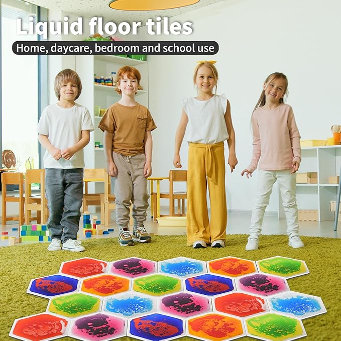 Art3d 6-Tile Hexagon Sensory Floor Tiles for Kids, Toddlers and Children, Colorful Liquid Sensory Activity Mat for Active Play and Decorative