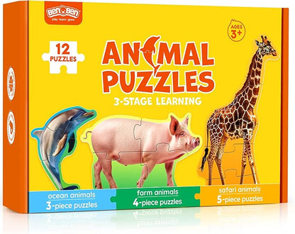 BenBen Puzzles for Toddlers 2-4,12 Animal Puzzles, 3 Levels Step-by-Step Color-Coded Jigsaw Puzzles, 48 Pieces Total, Educational Montessori Toys for Preschool Girls Boys
