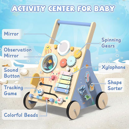 Wooden Baby Walker with Activity Center, Montessori Push Walker Toy for Babies 18 Months+, Sit to Stand Walker with Wheels for Boys & Girls, Infants to Toddler