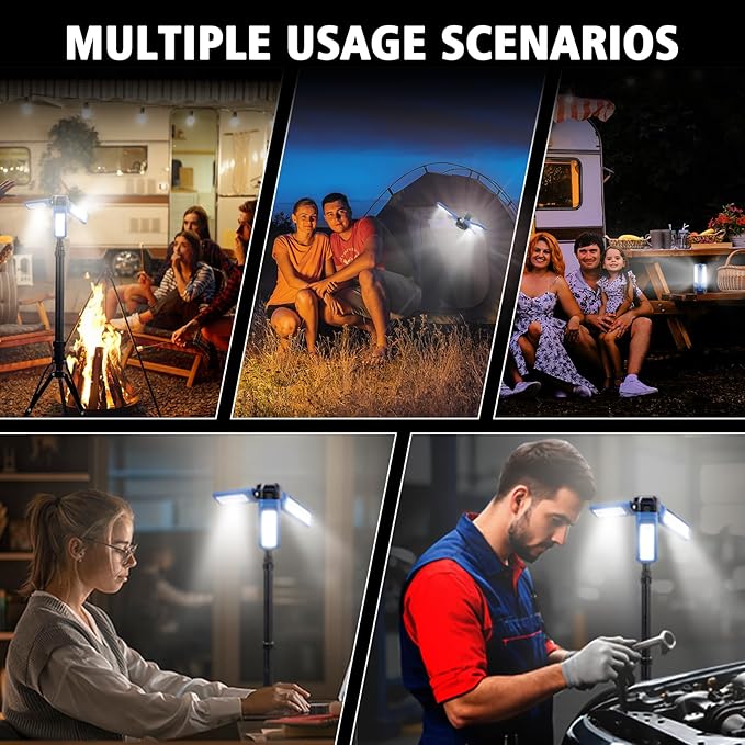 Camping Light Stand with Telescoping Pole - Rechargeable Solar Tent Lamp, Portable Cordless Camping Tent Light with 3 LED Heads, 5 Modes, 82" Tripod
