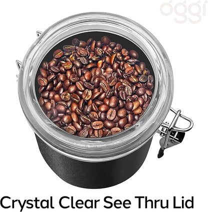 Oggi Stainless Steel Kitchen Canister 62 fl oz, Black - Airtight Clamp Lid, Clear See-Thru Top - Ideal for Kitchen Storage, Food Storage, Pantry Storage. Large Size 5" x 7.5".