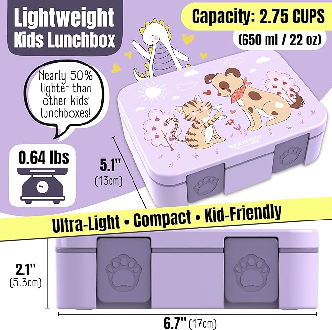 BEARFOOT Kids Lunch Box with Compartments – Compact & Lightweight | Leak-Proof, BPA-Free, Dishwasher & Microwave Safe | Hand-Drawn Design for Preschool, School, Travel (Dog & Cat Purple, 2.75 Cups)