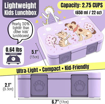 BEARFOOT Kids Lunch Box with Compartments – Compact & Lightweight | Leak-Proof, BPA-Free, Dishwasher & Microwave Safe | Hand-Drawn Design for Preschool, School, Travel (Dog & Cat Purple, 2.75 Cups)