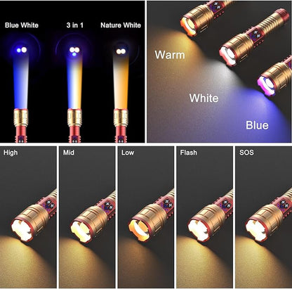 3 in 1 Rechargeable Flashlight True 5000 Lumens Outdoor Strong Cob Light, 5000mAh Zoomable Beam LED Flash Light with Magnet Power Failure Emergency Survival Kits Snowstorm (6 in 1)