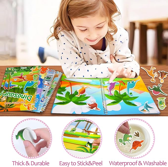 Reusable Sticker Book for Kids 1-3, Jelly Sticker Books for Toddlers 2-4 Years, Dinosaur Stickers for Kids, Toddler Travel Essentials Toys Plane Activities (Dinosaur)