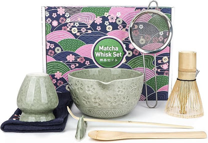 Matcha Whisk Set, 8Pcs Matcha Set Kit include Matcha Bowl, Matcha Whisk and Holder, Bamboo Scoop, Scoop Rest, Sifter and Tea Towel, Matcha Whisk and Bowl Set for Matcha Lovers and Beginers