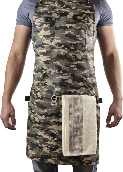 Asaya Chef and BBQ Apron with Bottle Opener and Hand Towel - 10oz Cotton Canvas