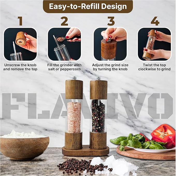 Wooden Salt and Pepper Grinder Set, Manual Premium Acrylic Salt and pepper Mills
