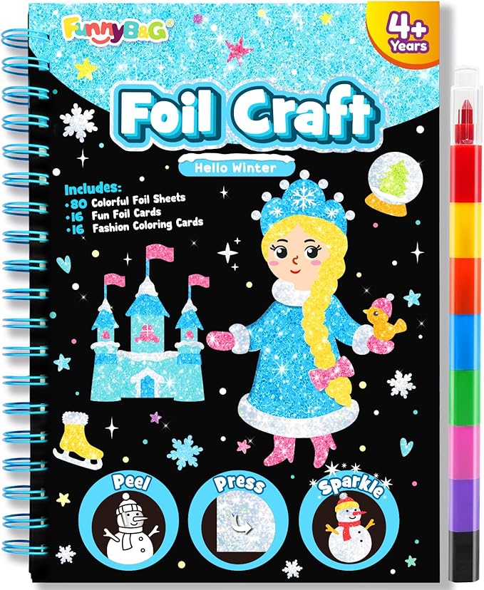 FUNNYB&G Foil Art Craft Activity for Kids - Gift for Girls Crafts for Kids Fun Art Supplies DIY Creative Travel Toy, Birthday Gift Party Favor Toys for Girls Boys 4 5 6 7 8 9 Years Old (Winter)