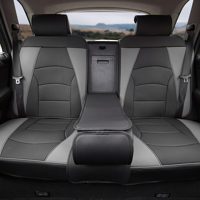 FH Group Car Seat Cover for Back Seat Gray Black Faux Leather - Universal Fit, Rear Seat Covers for Cars with Rear Split Bench, Car Seat Cushions, Car Interior Accessories for SUV, Sedan, Van