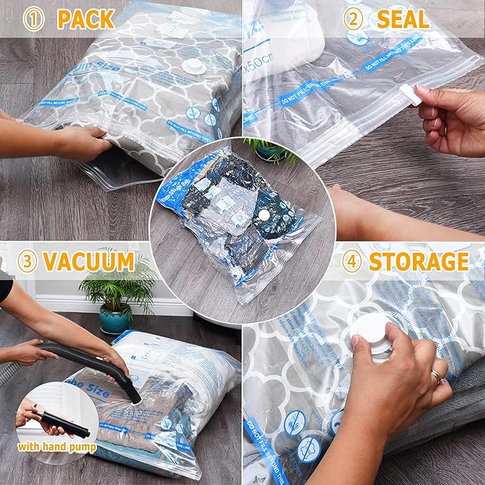 Vacuum Storage Bags 6 Large, Plastic Packaging Bags,Space Saver Bags for Clothes, Pillows, Comforters, Blankets, Bedding(NO PUMP)