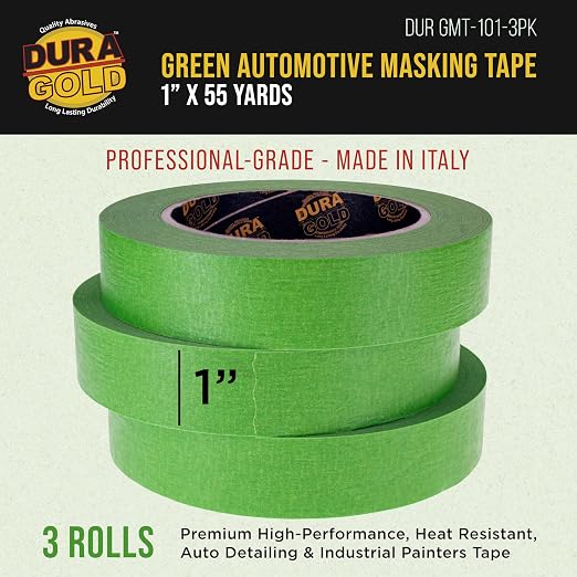 Dura-Gold Green Automotive Masking Tape 1 Inch (24mm x 55 Yards), 3 Rolls - Premium High-Performance, Heat Resistant - Auto Refinish Painting, Car Detailing, Autobody, Industrial, Painters Tape
