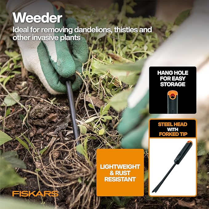 Fiskars Vegetable Garden Tool Set with Vegetable Shears, Seed Sower, Trowel, Cultivator, Weeder, and L/XL Garden Gloves for Indoor or Outdoor Gardening (6 Piece Kit)