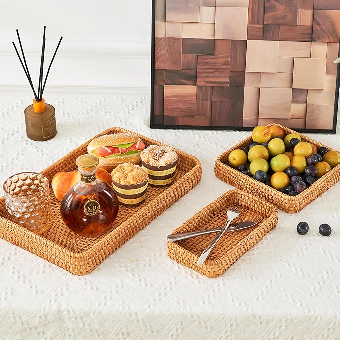 Rattan Tray Set of 3, Rectangular Woven Wicker Tray, Natural Wicker Rattan Serving Baskets for Table Kitchen Bathroom Counter Organizing