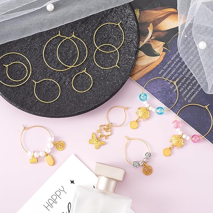 Pndeyo 120pcs Hypoallergenic Earring Beading Hoops, 20mm 25mm 30mm 35mm Round Hoop Earrings Findings, Open Earring Wire Ring Accessories for Jewelry Making- Gold