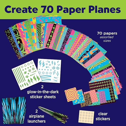 Creativity for Kids Paper Airplane Kit - Stunt Squadron Neon Glow, Makes 70 Paper Airplanes and 2 Plane Launchers, STEM Birthday or Christmas Gift, Craft and Activity Set for Boys (Ages 6-8+)