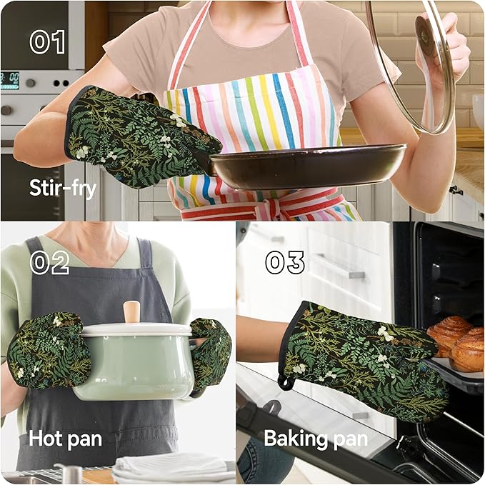 Botanical Print Floral Oven Mitts and Pot Holders Sets Black Sage Green Leaves