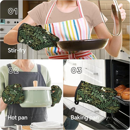 Botanical Print Floral Oven Mitts and Pot Holders Sets Black Sage Green Leaves