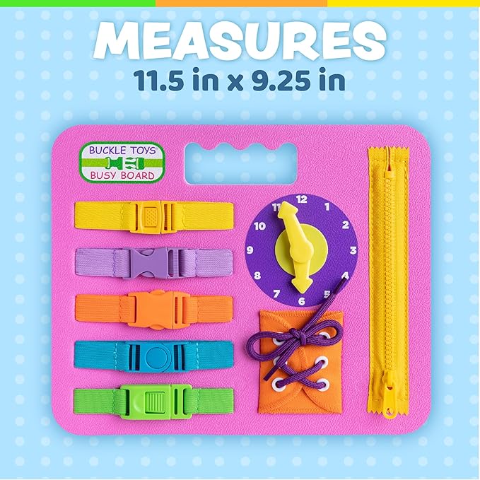Buckle Toys Busy Board - Montessori Learning Toy for Toddlers - Foam Sensory Board - Develop Fine Motor Skills - Pink
