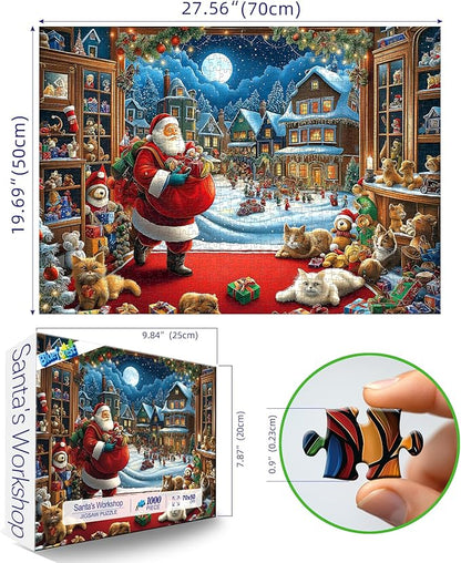 Blueforest Christmas 1000 Piece Jigsaw Puzzle for Adults - 27.5x19.7 Inches Large Holiday Scene with Santa, Toys & Snowy Village, Challenging Art Puzzle Home Decor