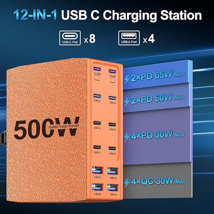 500W USB C Charger Block, 12-Port USB C Charging Station