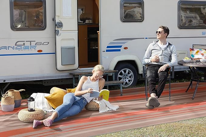 CGEAR RV Comfort Mat – Patented Sand-Free Technology with Ultra Soft Material – Sized to Your RV, Campsite, Beach House – Great Outdoor Patio Rug for RV and Camping (Earthy Dynamic Stripe, 8' X 11')