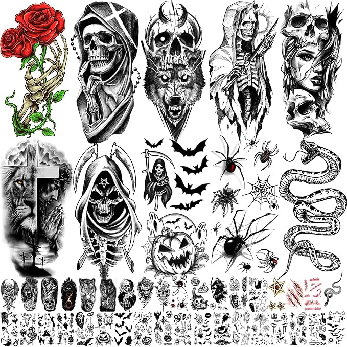 52 Sheets Black Halloween Temporary Tattoos for Kids Men Women, Include 10 Sheets Large Half Arm Sleeve Fake Tattoos, 200+ PCS Spider Snake Tiger Lion Skull Bat Vampire Scar Halloween Tattoos