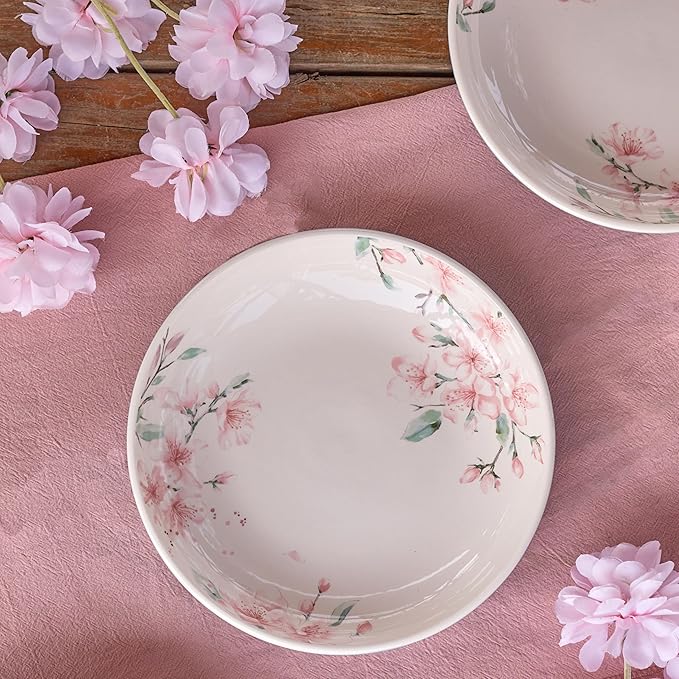 Bico Spring Sakura Pasta Bowls, 35oz Salad Bowl Set of 4, Large Ceramic Serving Dinner Bowls for Soup and Cereal, Microwave and Dishwasher Safe, Gift for Housewarming and Thanksgiving