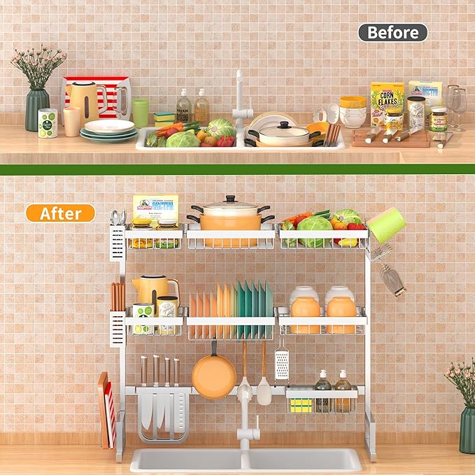 PUSDON Over Sink Dish Drying Rack Stainless Steel, Adjustable Large Dish Drainer