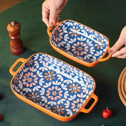 ONCCI Ceramic Baking Dish Set, 2-Piece Hand-painted Porcelain Rectangular