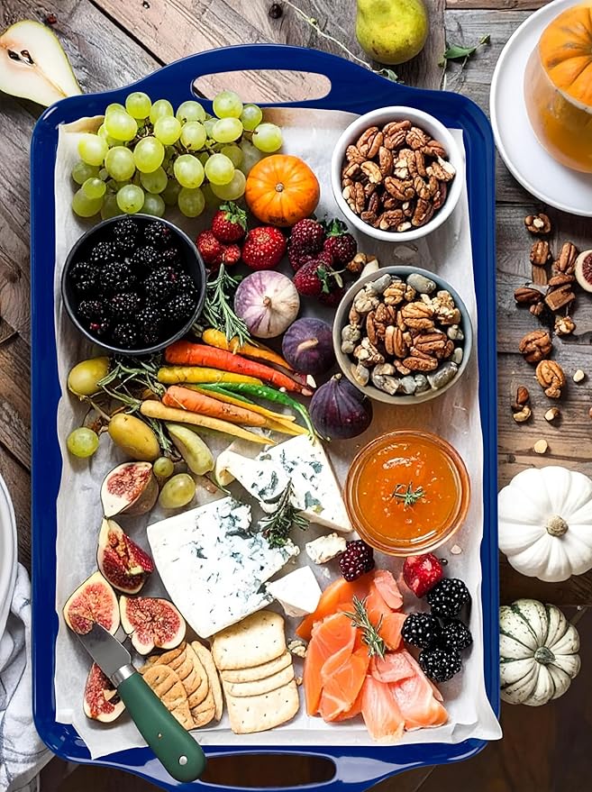 Extra Large Blue Serving Tray with Handles, 19''x11.6'' Melamine Platters, Rectangular Trays for Serving Food, Turkey, Cookie, Cupcakes, Desserts, Dishwasher Safe, BPA-Free, Set of 2