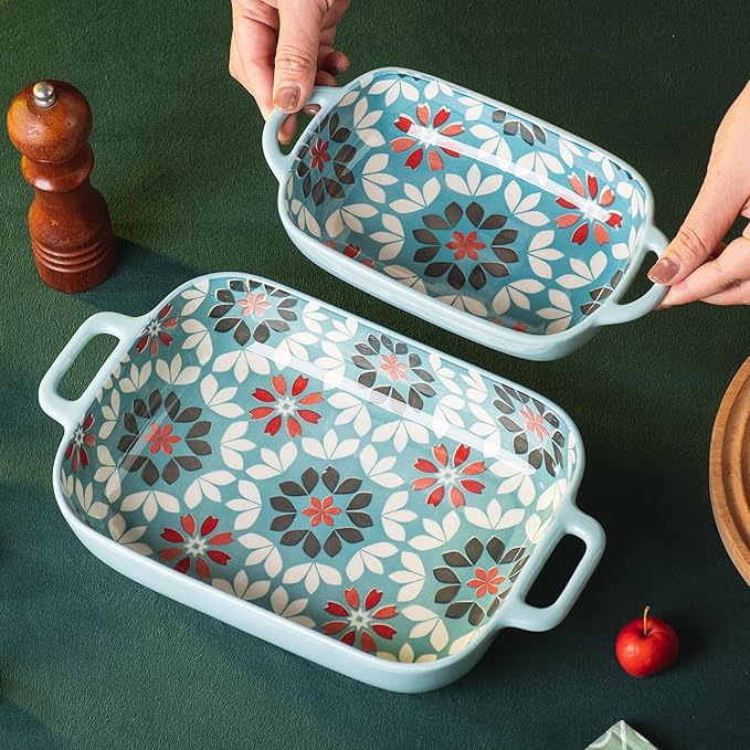 ONCCI Ceramic Baking Dish Set, 2-Piece Hand-painted Porcelain Rectangular