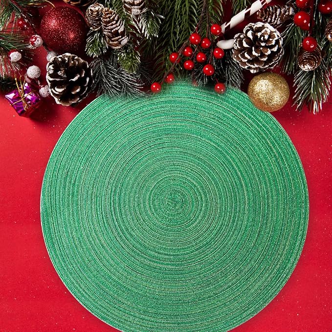 FunWheat Round Placemats Set of 6 Table Mats for Dining Tables Washable Non-Slip Place mats 15 Inch (Green Shine)