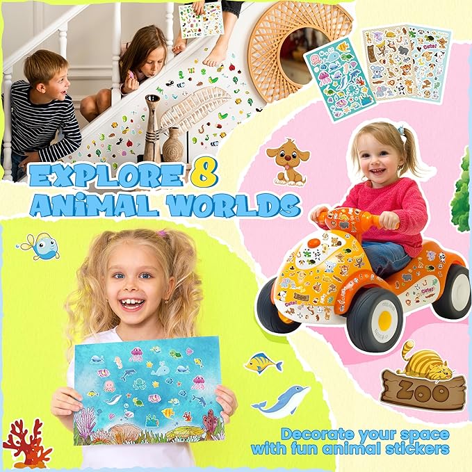 Sinceroduct Stickers for Kids, 1300+ Cute Animals Water Bottle Sticker, 8 Sheets of Children Stickers with Different Theme Scrapbooking for Classroom, Christmas Day, Crafts, Party Favors, Decorations