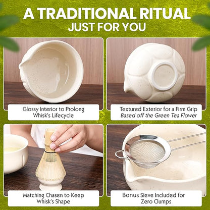 Matcha Whisk Set – 5 Piece Japanese Matcha Tea Set w/Ceramic Matcha Bowl, 100-Prong Bamboo Whisk & Holder, Scoop, & Stainless Sifter – Traditional Matcha Making Kit (Off-White)