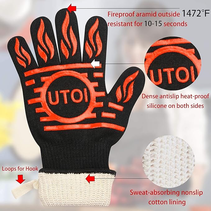 BBQ Grill Gloves Kit, 1472°F Heat Resistant BBQ Gloves, Meat Shredder Claws & Silicone Basting Brush for Grilling, Smoker, Baking, Barbecue & Outdoor Cooking