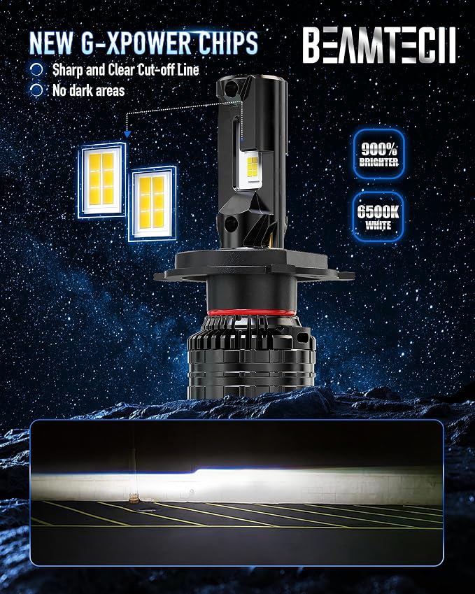 BEAMTECH H4/9003 Bulbs, 900% Brighter Canbus Ready 6500K White Light or Fog Light, 2 Bulbs.