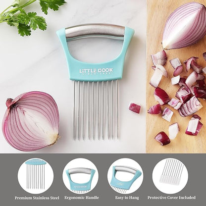 Onion Slicer Cutter, Little Cook Stainless Steel Onion Holder for Slicing and Storage of Onions, Avocados, tomato, Eggs, Dishwasher Safe, Protective Cover Included (Stylish Peapock blue)