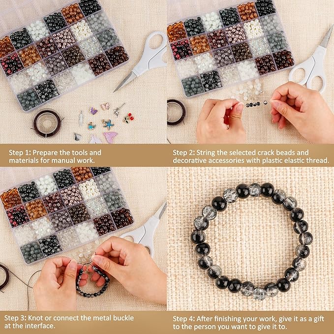 XSEINO About 1200PCS 6mm Glass Beads Bracelet Making Kit,24 Assorted Black and White Series Colorful Crystal Beads for Bracelet and Jewelry Making and DIY Crafts,Friendship Bracelets