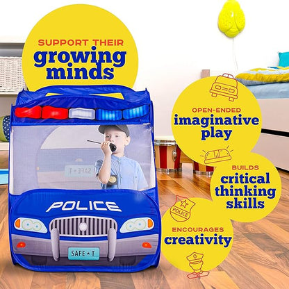 Police Car Pop Up Play Tent with Sound Button for Kids, Toddlers, Boys, Girls, Indoors & Outdoors – Playhouse for Interactive Fun - Foldable, Quick Setup Pretend Play Toys & Gift