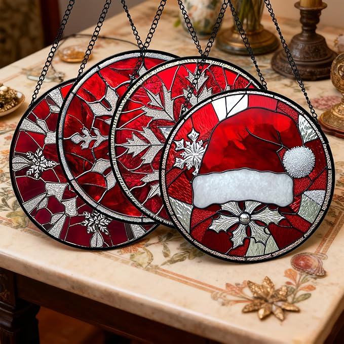 DASTOLL Stained Glass Window Hanging 4 Pcs Set Red Christmas Decorations Theme