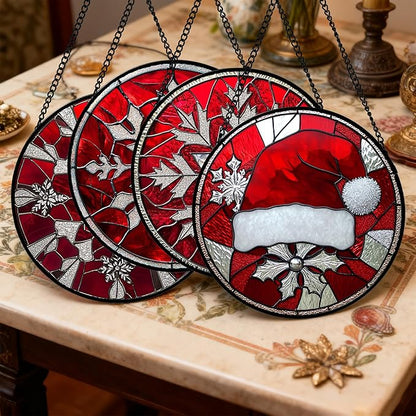 DASTOLL Stained Glass Window Hanging 4 Pcs Set Red Christmas Decorations Theme
